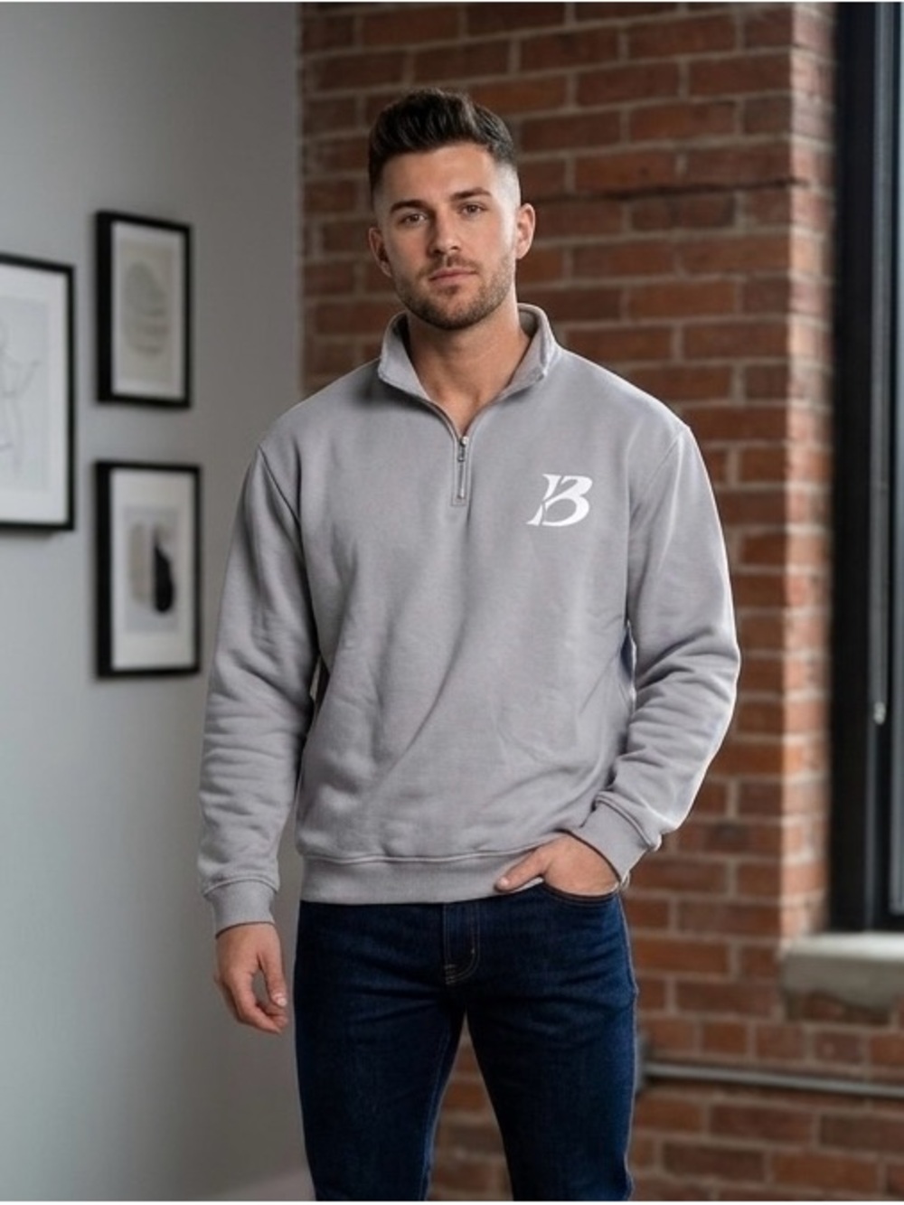 boohooMAN Gray Quarter Zip Pullover M NWT Logo